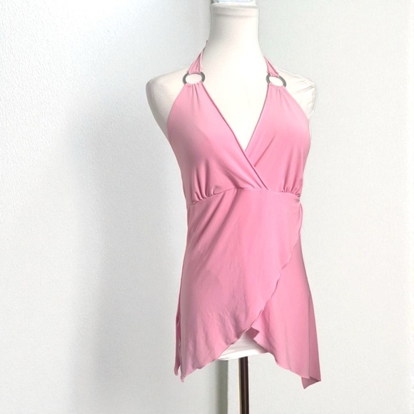 Y2K Pink Halter Ring Top Asymmetrical Wrap Style | Barbiecore 2000s Clubwear L - Picture 1 of 5